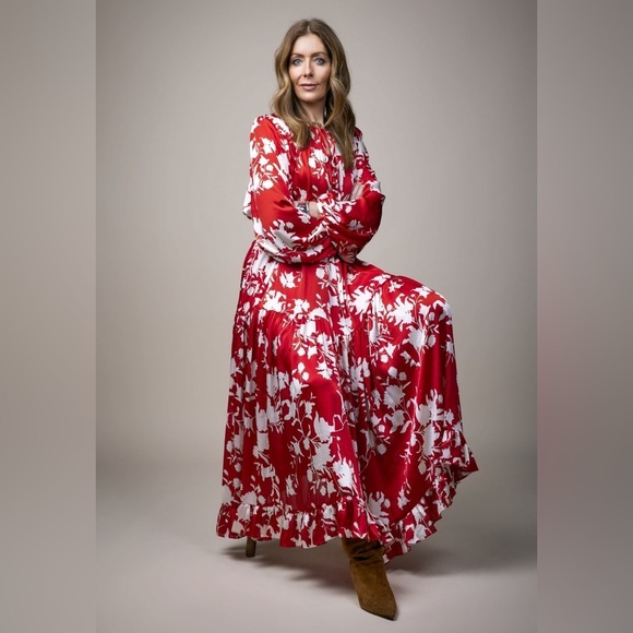 JOHANNA ORTIZ x H&M Voluminous Satin Maxi Dress in Red/Wild Roses - Picture 3 of 16